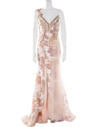Pre-owned Terani Couture Lace Pattern Long Dress In Pink