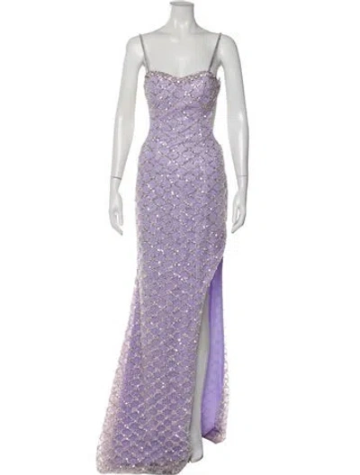Pre-owned Terani Couture Lace Pattern Long Dress In Purple