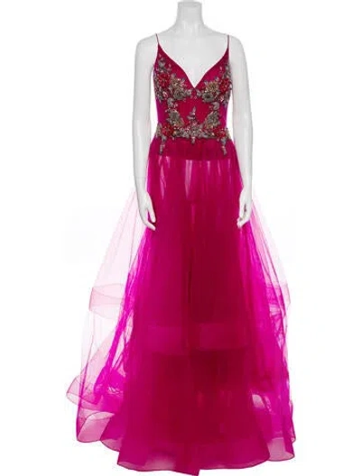 Pre-owned Terani Couture Lace Pattern Long Dress In Red