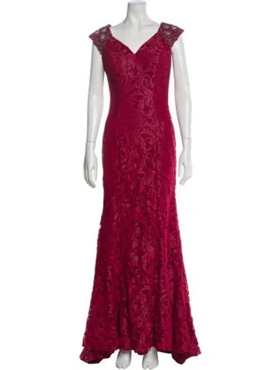Pre-owned Terani Couture Lace Pattern Long Dress In Red
