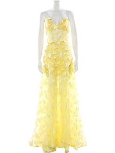 Pre-owned Terani Couture Lace Pattern Long Dress In Yellow