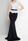 Terani Couture Lace Peplum Gown In Black/white In Multi