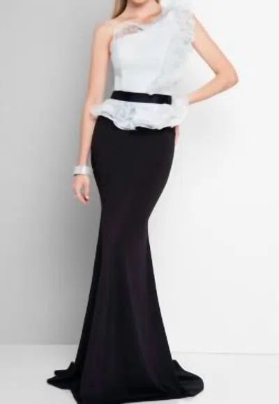 Terani Couture Lace Peplum Gown In Black/white In Multi