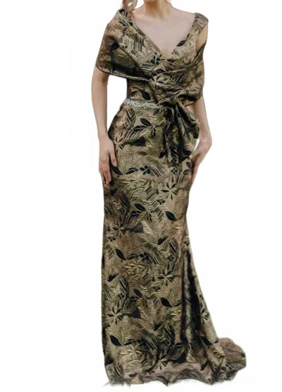 Terani Couture Long Brocade V Neck Mermaid Dress In Black Gold In Multi