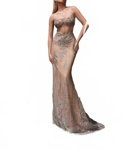 Terani Couture Long Embellished Dress In Silver Nude In Multi
