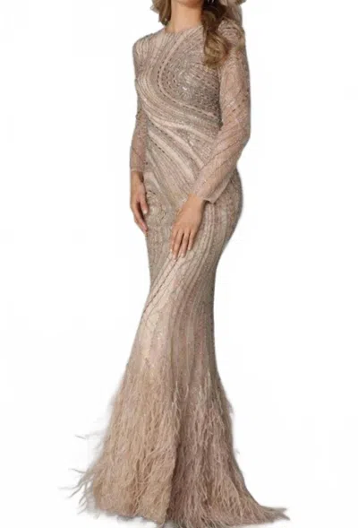 Terani Couture Long Sleeve Mermaid Embellished Gown In Taupe In Gray