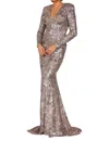 Terani Couture Long Sleeves Long Sequined Mesh Evening Dress In Taupe Silver In Multi