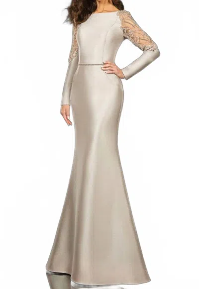 Terani Couture Long-sleeve Mermaid Sheath Evening Gown In Taupe In Gray