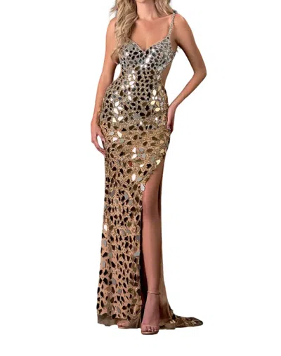 Terani Couture Mirror Embellished Dress With Slit In Gold/nude In Multi