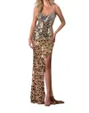 Terani Couture Mirror Embellished Dress With Slit In Gold/nude In Multi