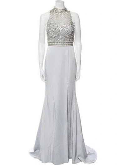 Pre-owned Terani Couture Mock Neck Long Dress In Gray