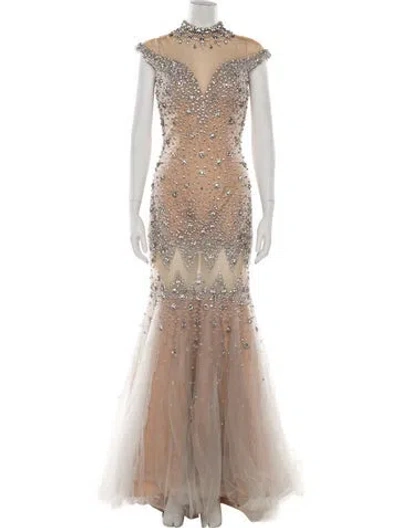 Pre-owned Terani Couture Mock Neck Long Dress In Neutral
