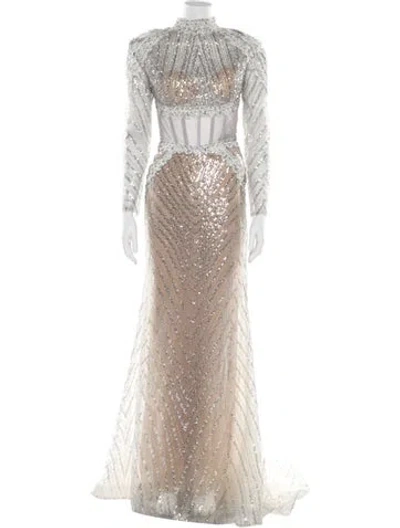 Pre-owned Terani Couture Mock Neck Long Dress W/ Tags In Silver
