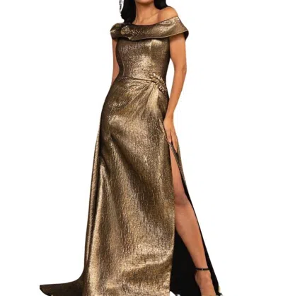 Terani Couture Off The Shoulder Gown In Bronzr