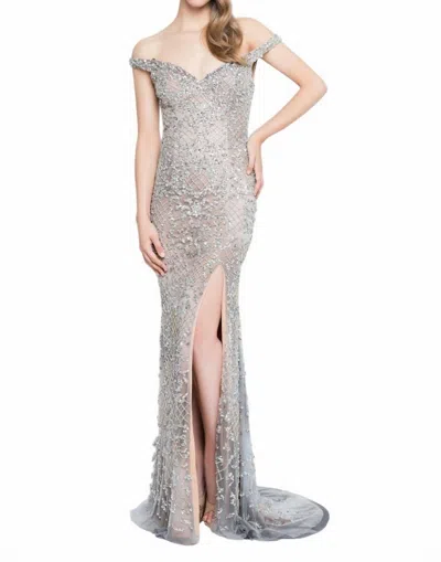 Terani Couture Off The Shoulder Sweetheart Bodice Gown In Grey In Gray