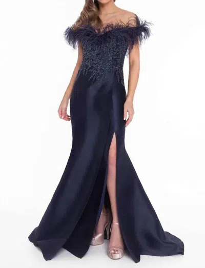 Terani Couture Off-shoulder With Feather Detail Evening Gown In Navy In Black