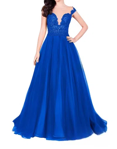 Terani Couture Off-the-shoulder Lace Prom Dress In Royal/nude In Blue