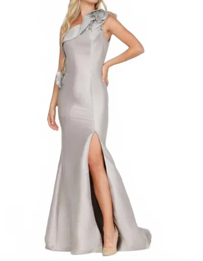 Terani Couture One Shoulder Long Evening Gown In Taupe Ivory In Multi