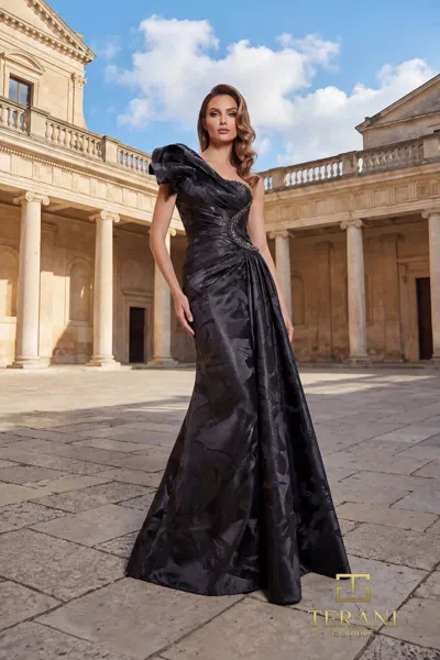 Terani Couture One-shoulder Floor-length Satin Formal Sheath Terani 262e7376 In Black