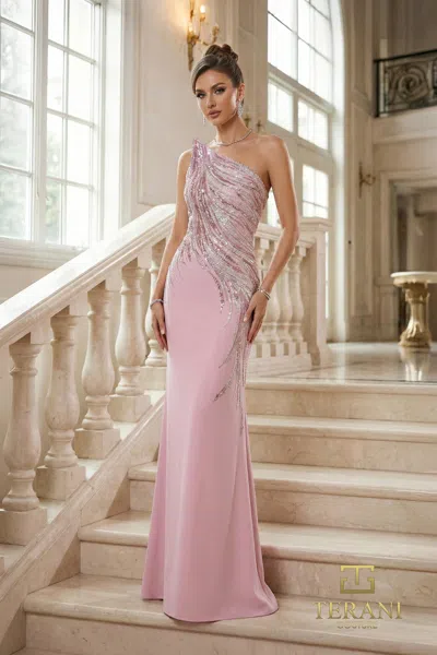 Terani Couture One-shoulder Floor-length Sequin Formal Sheath Terani 262e7354 In Pink