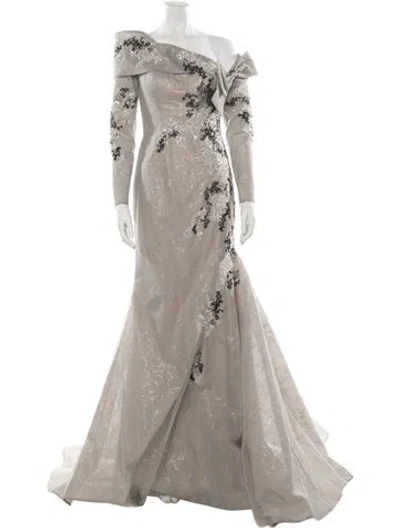 Pre-owned Terani Couture One-shoulder Long Dress In Gray