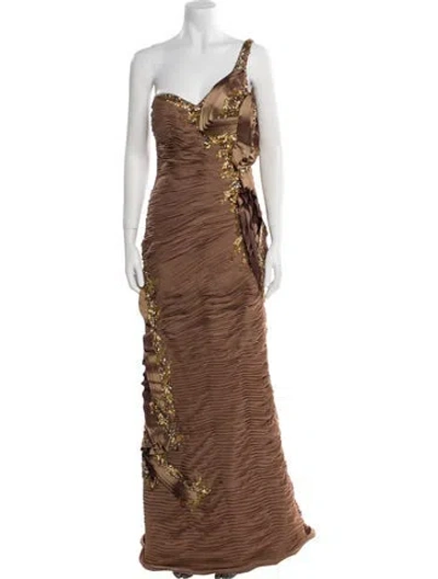 Pre-owned Terani Couture One-shoulder Long Dress W/ Tags In Brown