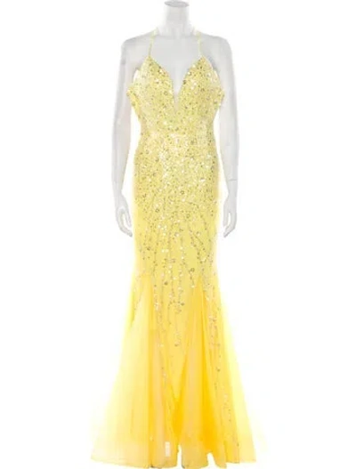 Pre-owned Terani Couture Patterned Long Dress W/ Tags In Yellow