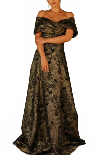 Terani Couture Pleated Off-shoulder Evening Dress In Black/gold In Brown