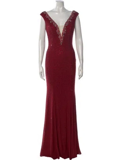 Pre-owned Terani Couture Plunge Neckline Long Dress In Burgundy