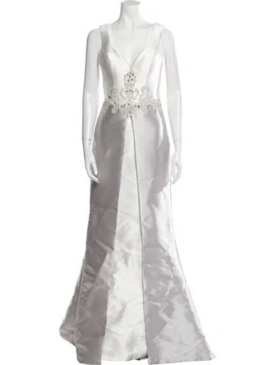 Pre-owned Terani Couture Plunge Neckline Long Dress In White