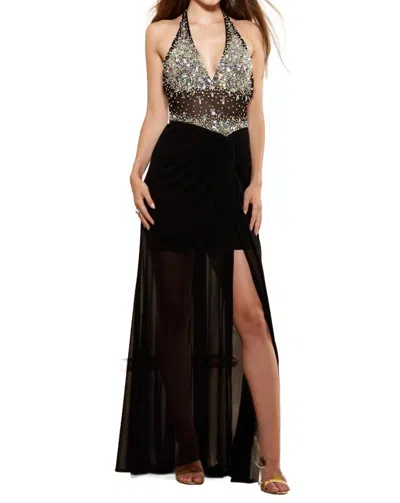 Terani Couture Plunging Beaded Halter Prom Dress In Black