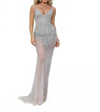 Terani Couture Plunging Neckline Bodycon Sleeveless Tulle Long Prom Dress In Grey In Silver