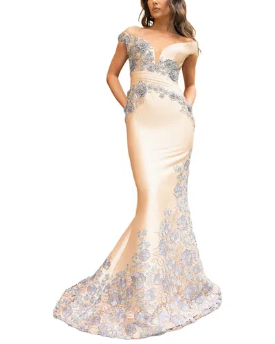 Terani Couture Ruffled Shoulder Solid Maxi Dress In Neutral