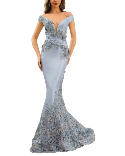 Terani Couture Ruffled Shoulder Solid Maxi Dress In Gray