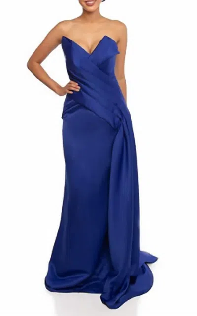 Terani Couture Satin Strapless Drape Side Mermaid Gown In Royal Blue