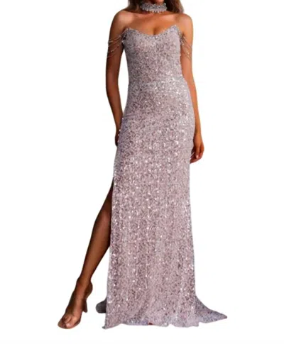 Terani Couture Sequin Gown With Oearls In Silver/nude In Purple