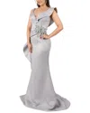 Terani Couture Side Ruffle Collar Solid Maxi Dress In Gray