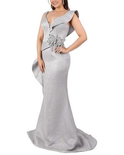 Terani Couture Side Ruffle Collar Solid Maxi Dress In Silver