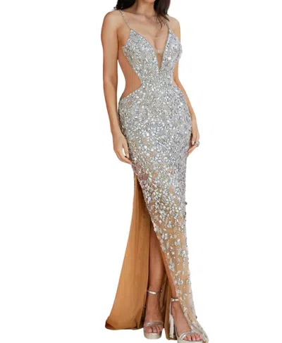 Terani Couture Sleeveless Plunging Neckline Bodycon Tulle Long Prom Dress In Crystal/silver In Blue