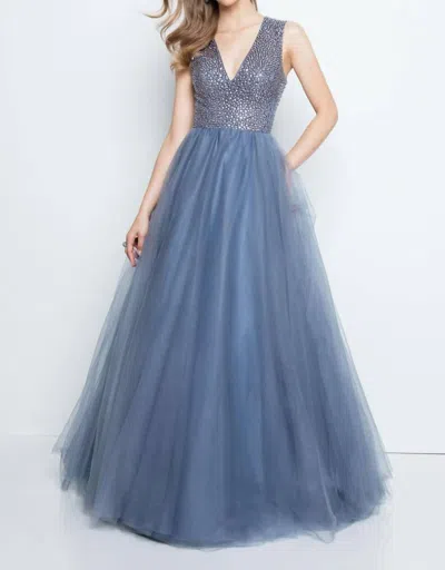 Terani Couture Sleeveless V-neck Tulle Prom Ball Gown In Charcoal In Blue