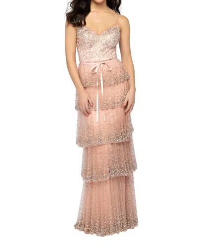Terani Couture Spaghetti Strap Heavy Beaded Tiered Gown In Dusty Rose In Pink