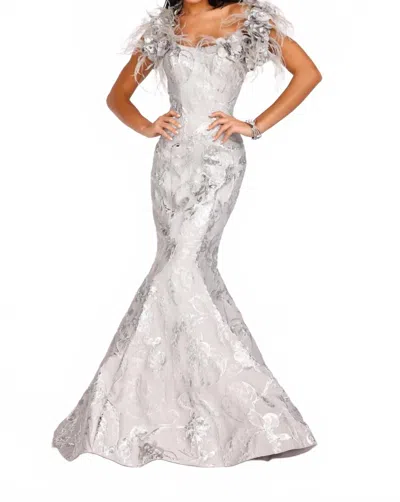 Terani Couture Striking Flower And Feather Strapless Evening Gown In Silver In Animal Print