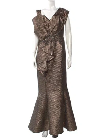 Pre-owned Terani Couture Striped Long Dress In Brown