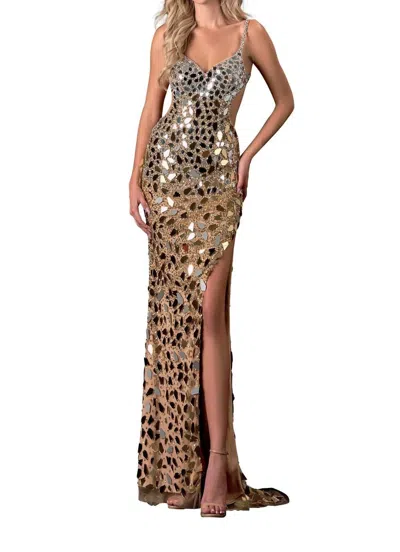 Terani Couture Superb Long Dress In Gold/nude In Multi