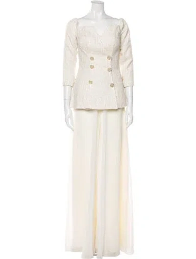 Pre-owned Terani Couture Tweed Pattern V-neck Jumpsuit In Neutral