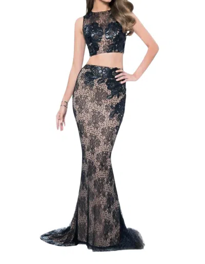 Terani Couture Two Piece Lace Leather Applique Prom Dress In Black Nude