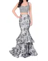 Terani Couture Two-piece Sparkling Beaded Prom Dress In Ivory/grey In Multi