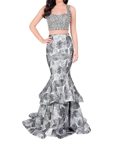 Terani Couture Two-piece Sparkling Beaded Prom Dress In Ivory/grey In Gray