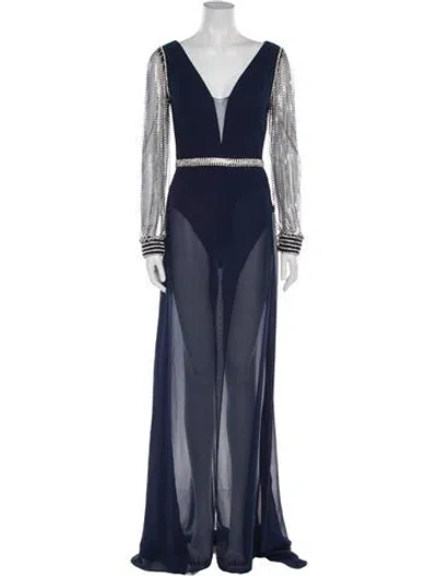 Pre-owned Terani Couture V-neck Long Dress In Blue