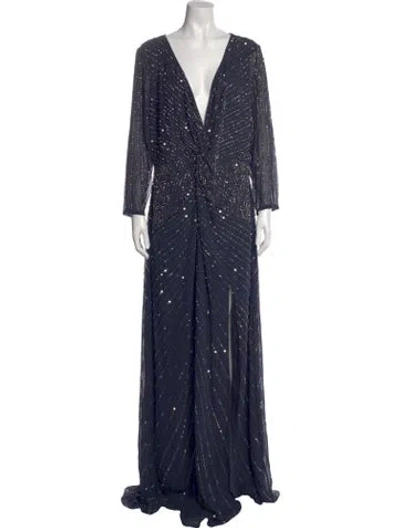 Pre-owned Terani Couture V-neck Long Dress In Blue